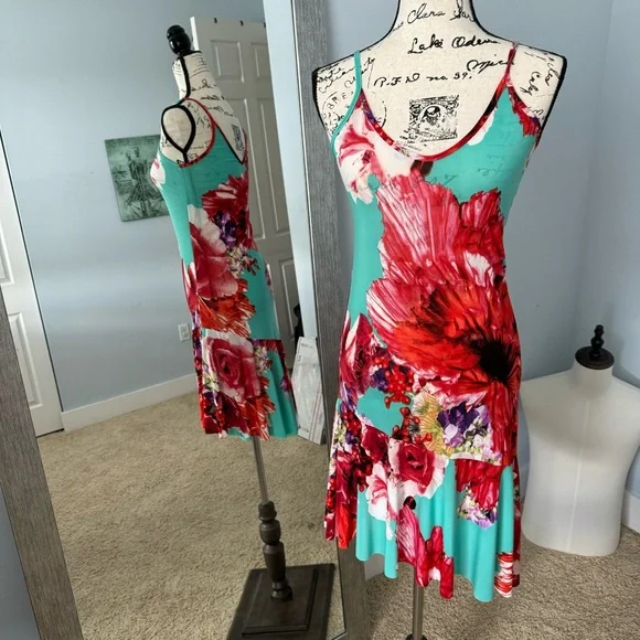 Floral Brightly Colored Asymmetrical Tropical Vacation Dress SMALL - Picture 1 of 6